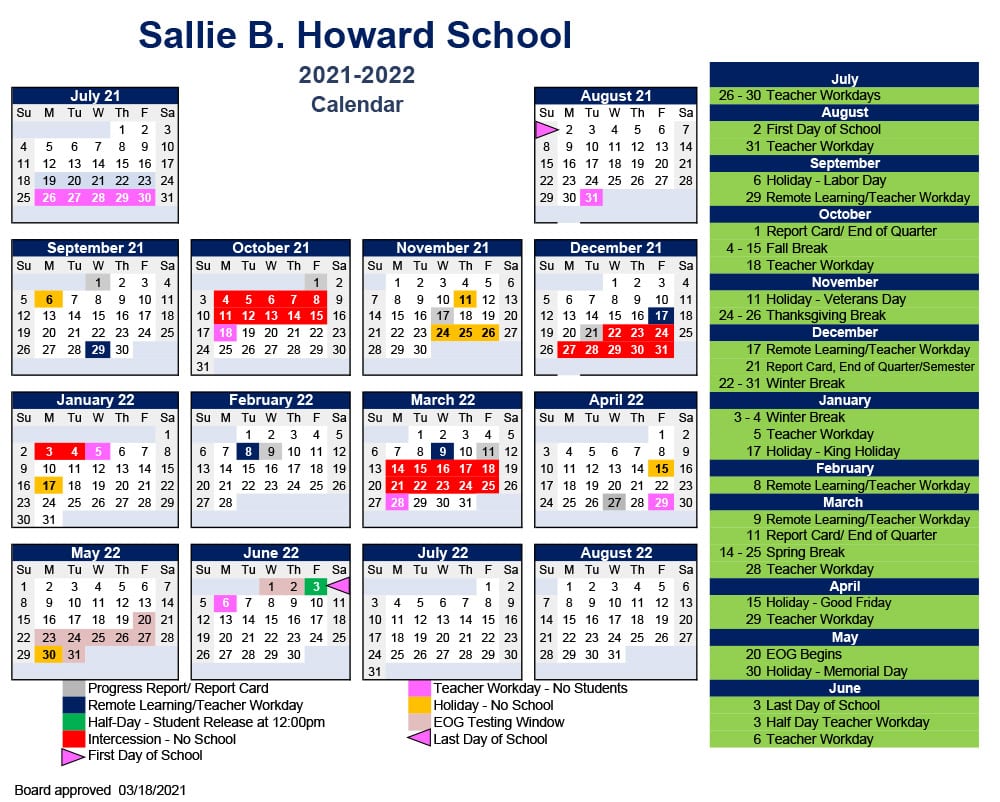 Calendar Sallie B Howard School Public Charter School Wilson, NC