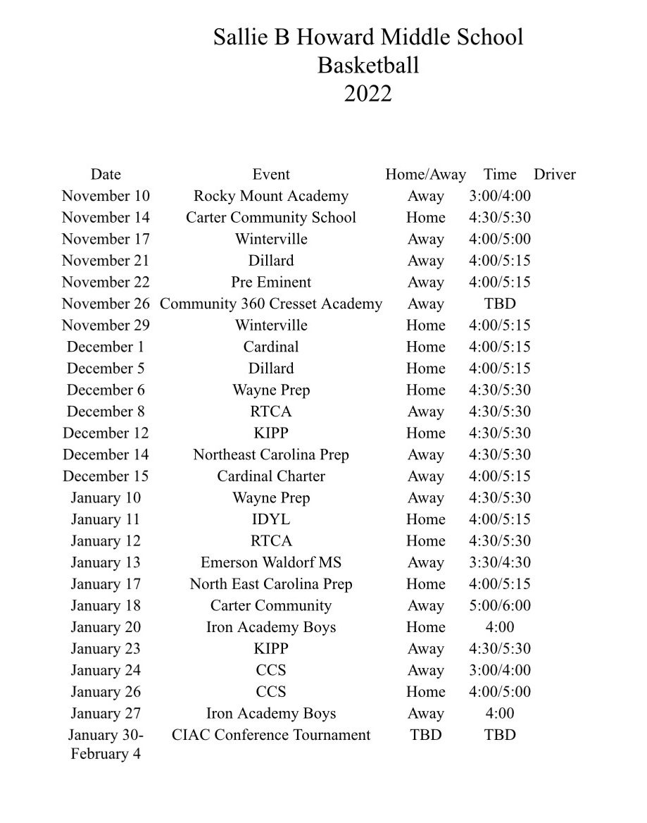 Schedule Sallie B Howard School Public Charter School Wilson, NC